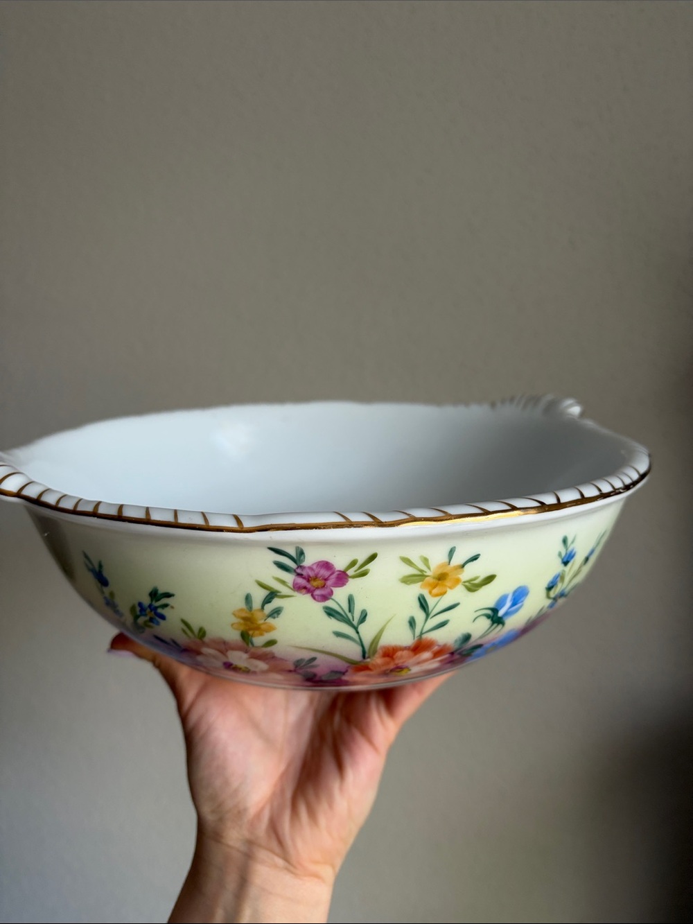 Limoges French Antique Hand Painted and Gilded Handed 10” Serving Bowl